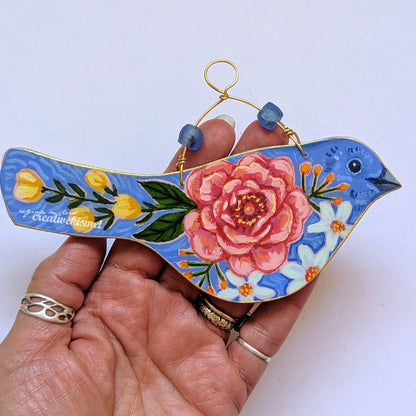 Flower Bird No. 2 - Blue Bird with Pink Rose