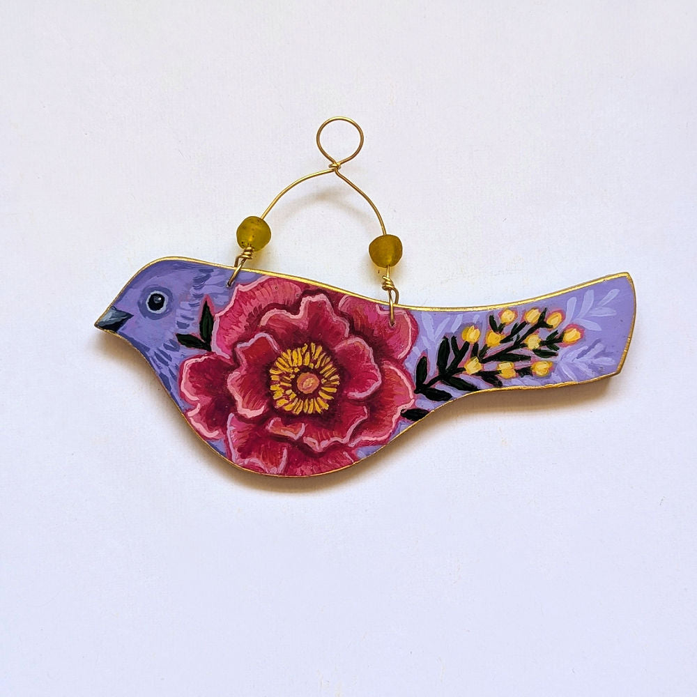 Flower Bird No. 3 - Lavender Bird with Pink Peony Rose