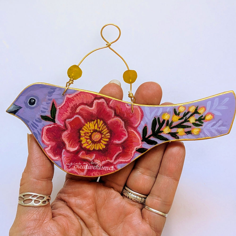 Flower Bird No. 3 - Lavender Bird with Pink Peony Rose
