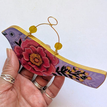 Flower Bird No. 3 - Lavender Bird with Pink Peony Rose