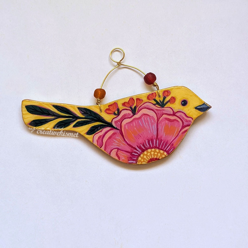 Flower Bird No. 4 - Yellow Bird with Pink Peony