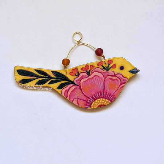 Flower Bird No. 4 - Yellow Bird with Pink Peony