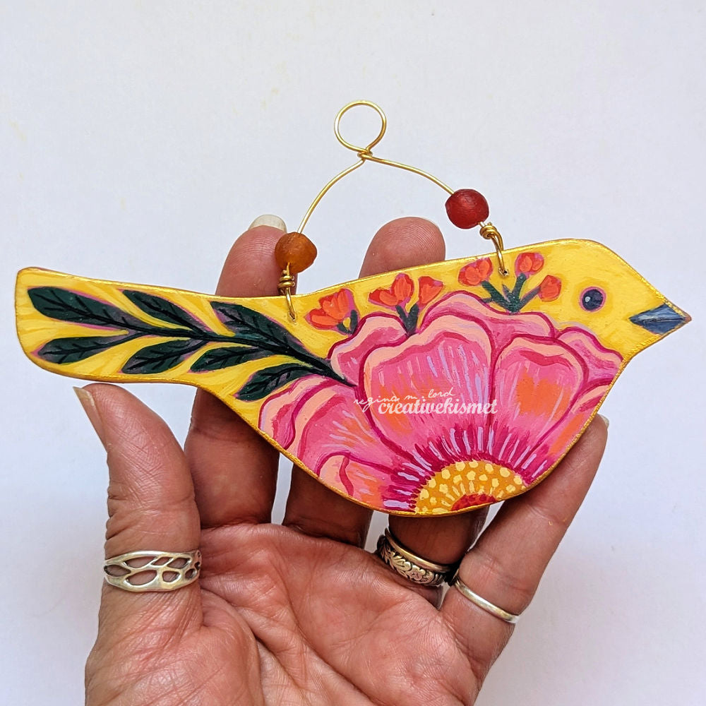 Flower Bird No. 4 - Yellow Bird with Pink Peony