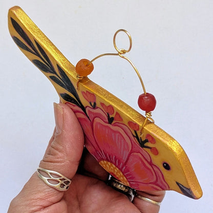 Flower Bird No. 4 - Yellow Bird with Pink Peony