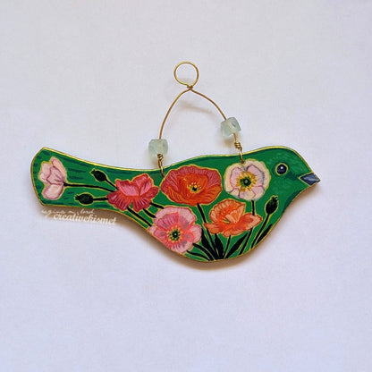 Flower Bird No. 7 - Green Bird with Poppy Blooms
