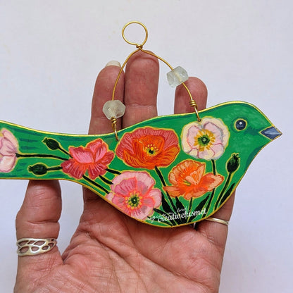 Flower Bird No. 7 - Green Bird with Poppy Blooms