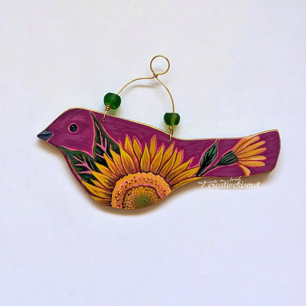 Flower Bird No. 8 - Magenta Bird with Sunflower