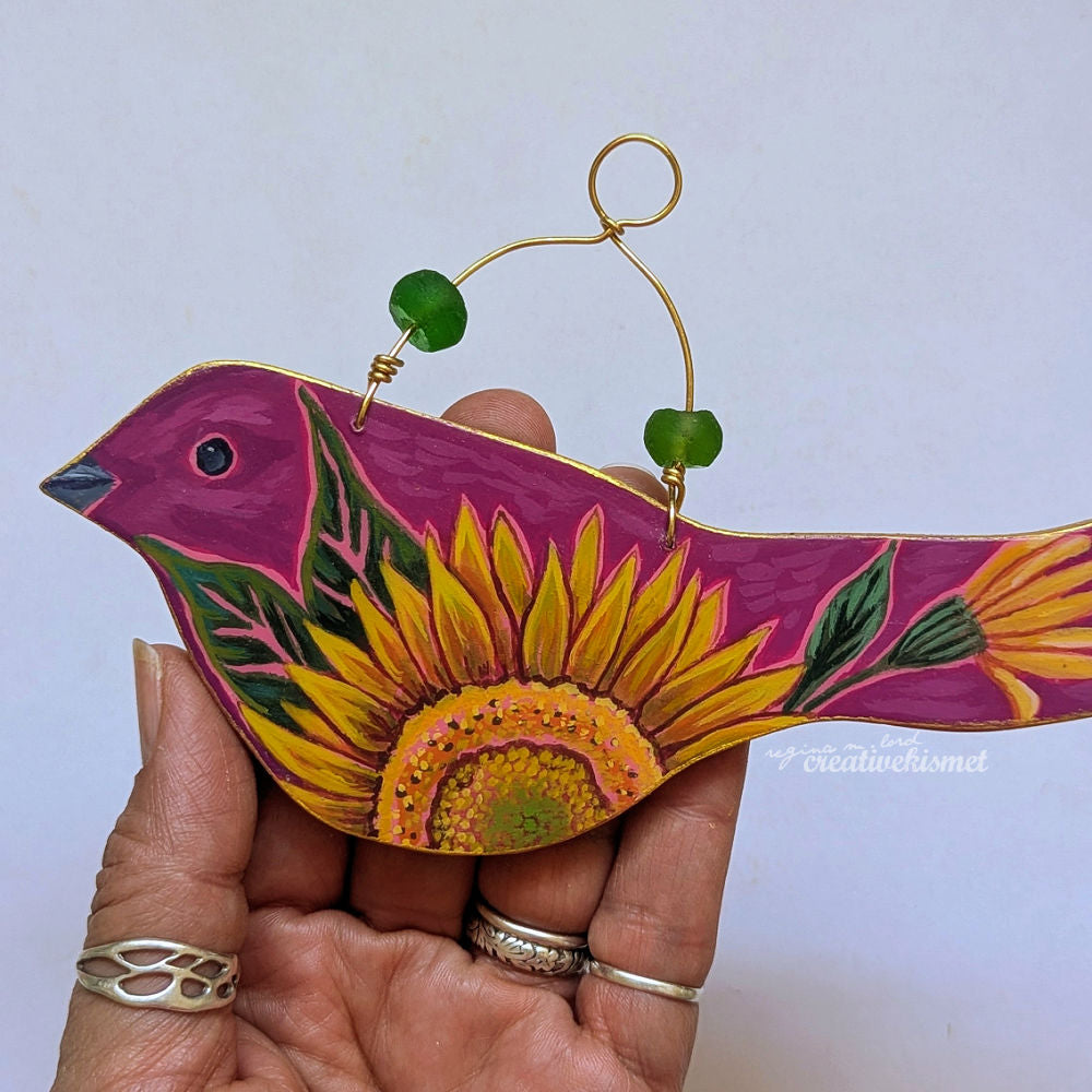 Flower Bird No. 8 - Magenta Bird with Sunflower