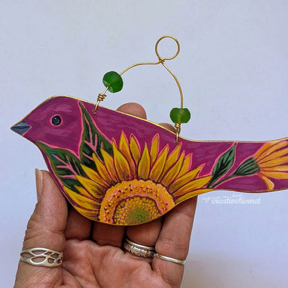 Flower Bird No. 8 - Magenta Bird with Sunflower