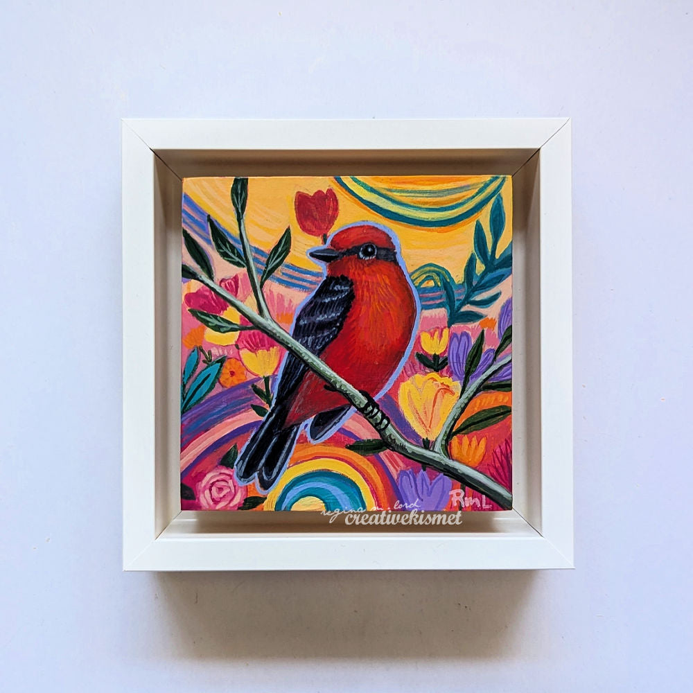 Flower Garden Bird - Vermillion Flycatcher - 4 x 4 Framed Original Art