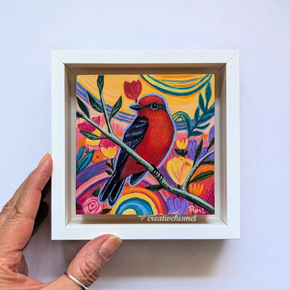 Flower Garden Bird - Vermillion Flycatcher - 4 x 4 Framed Original Art