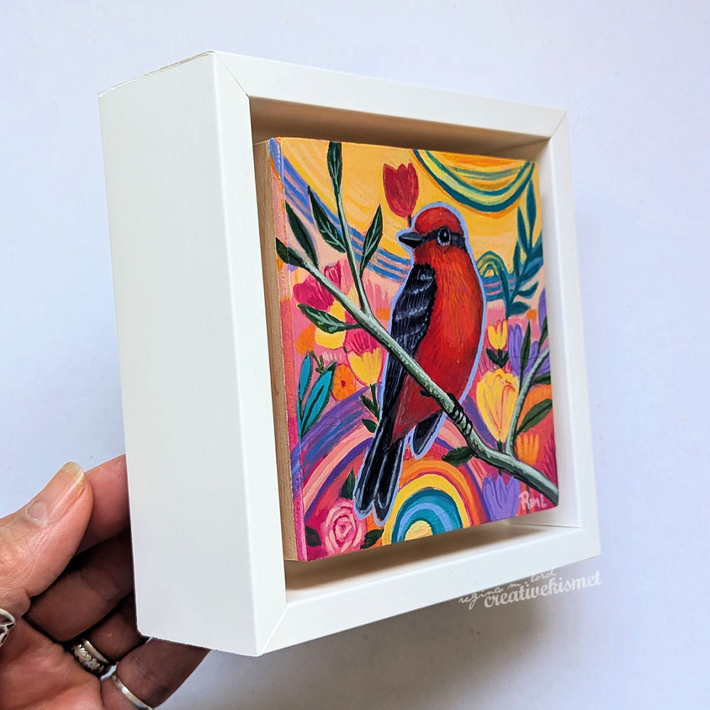 Flower Garden Bird - Vermillion Flycatcher - 4 x 4 Framed Original Art