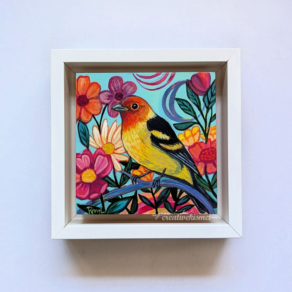 Flower Garden Bird - Western Tanager - 4 x 4 Framed Original Art
