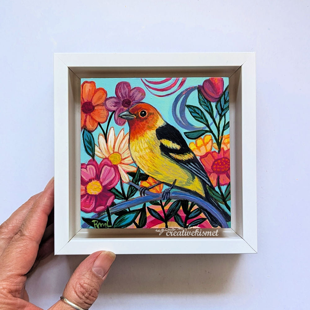 Flower Garden Bird - Western Tanager - 4 x 4 Framed Original Art