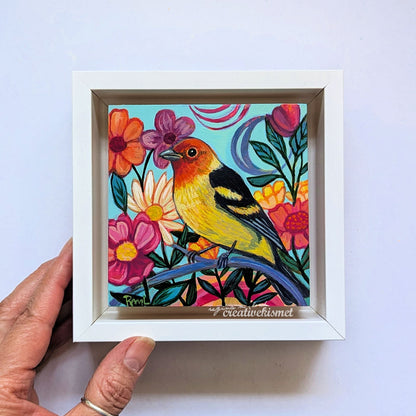 Flower Garden Bird - Western Tanager - 4 x 4 Framed Original Art