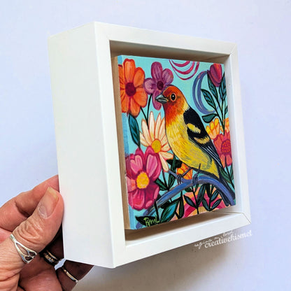 Flower Garden Bird - Western Tanager - 4 x 4 Framed Original Art