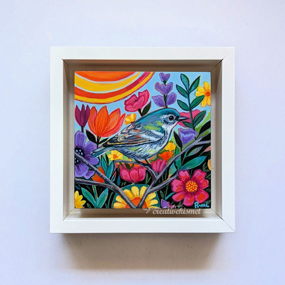 Flower Garden Bird - Blue Green Warbler - 4 x 4 Framed Original Art