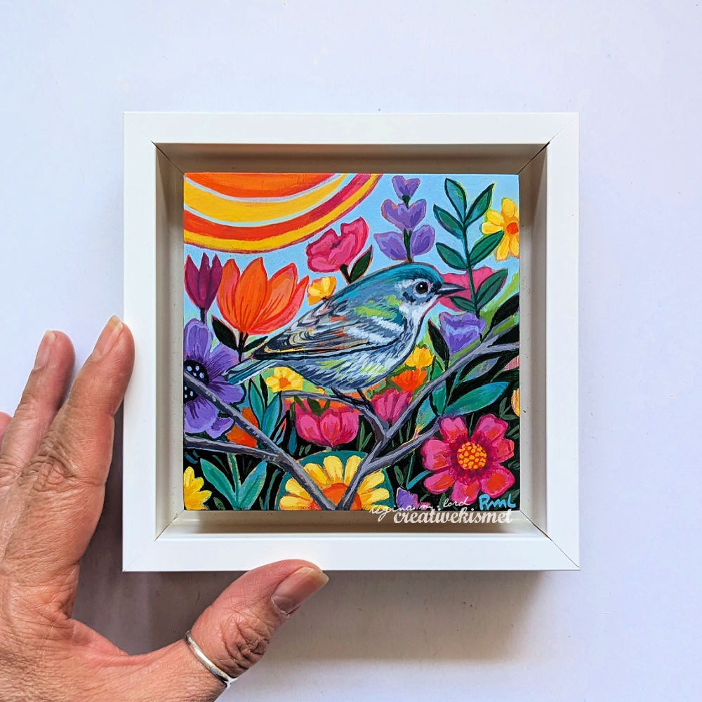 Flower Garden Bird - Blue Green Warbler - 4 x 4 Framed Original Art