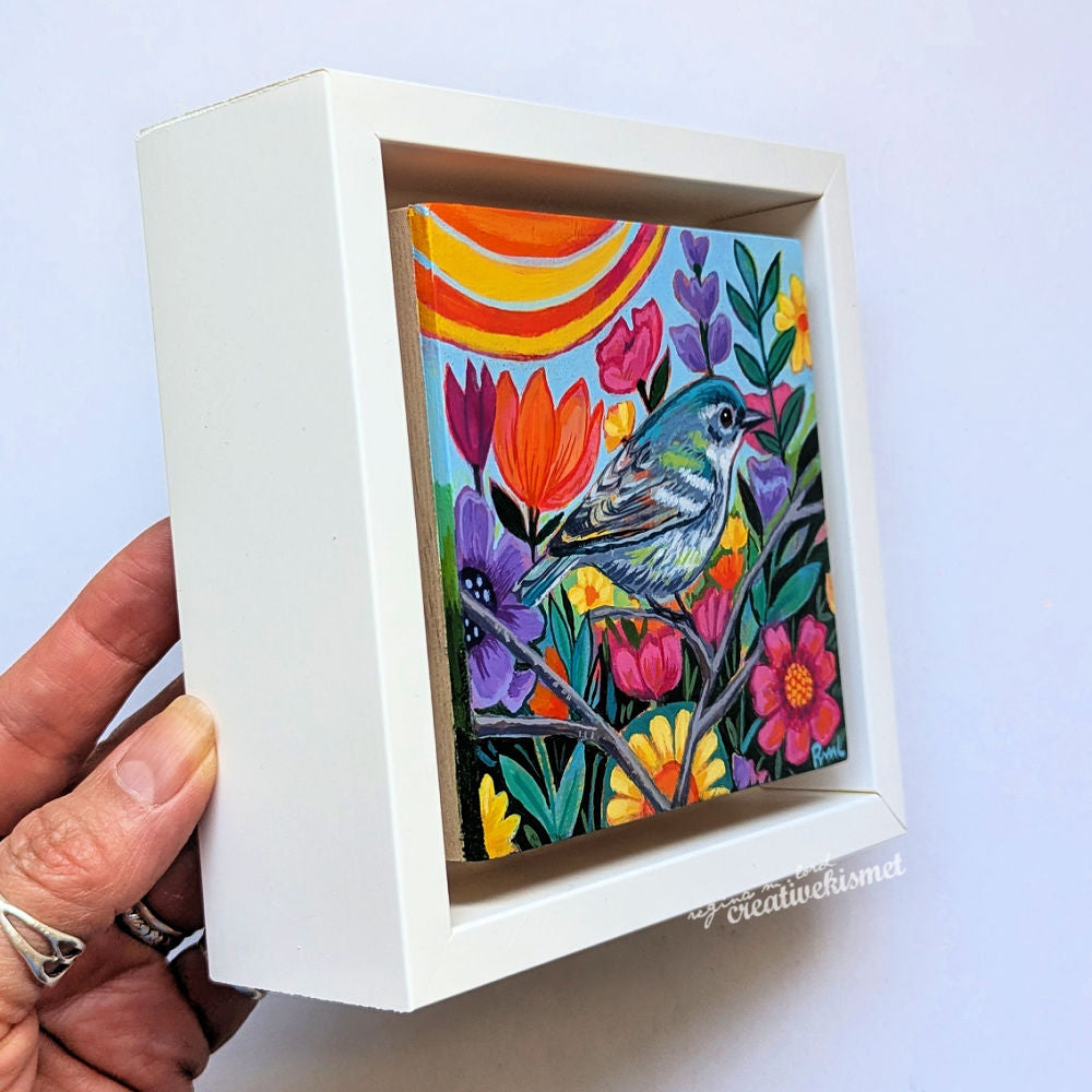 Flower Garden Bird - Blue Green Warbler - 4 x 4 Framed Original Art
