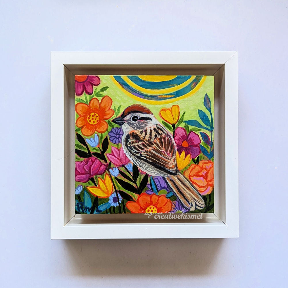 Flower Garden Bird - Chipping Sparrow - 4 x 4 Framed Original Art
