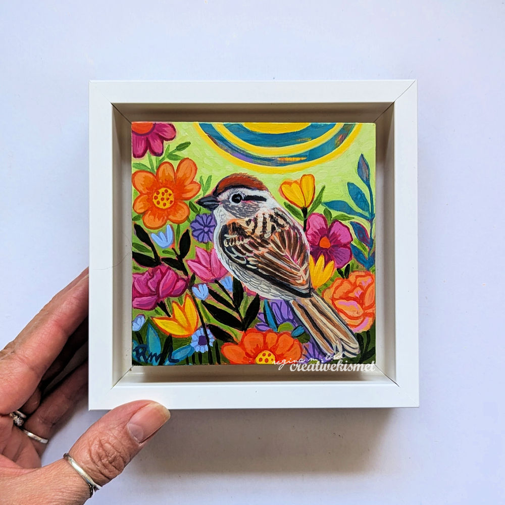 Flower Garden Bird - Chipping Sparrow - 4 x 4 Framed Original Art