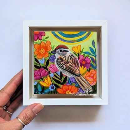Flower Garden Bird - Chipping Sparrow - 4 x 4 Framed Original Art