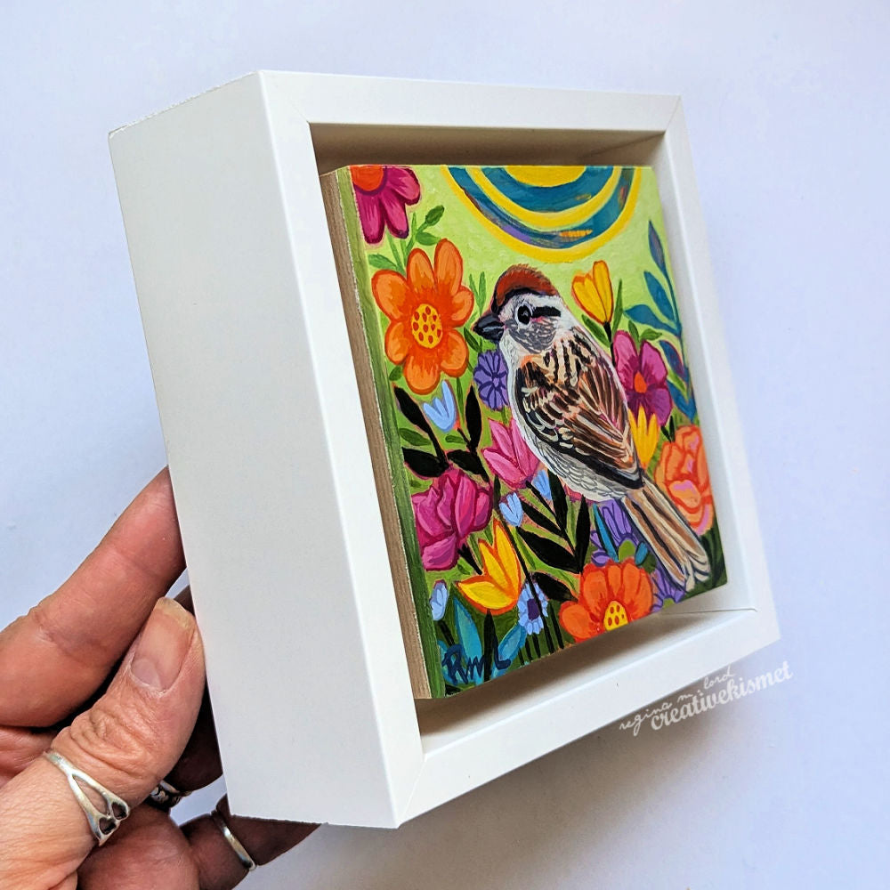 Flower Garden Bird - Chipping Sparrow - 4 x 4 Framed Original Art