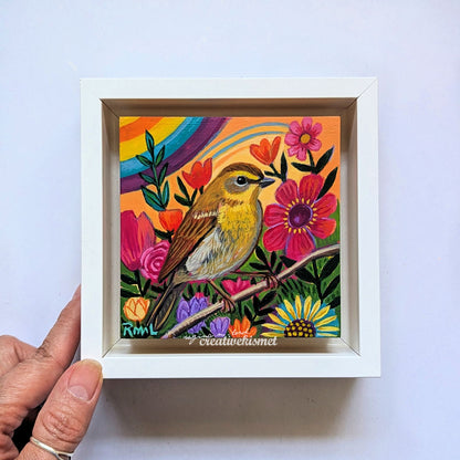 Flower Garden Bird - Yellow Warbler - 4 x 4 Framed Original Art