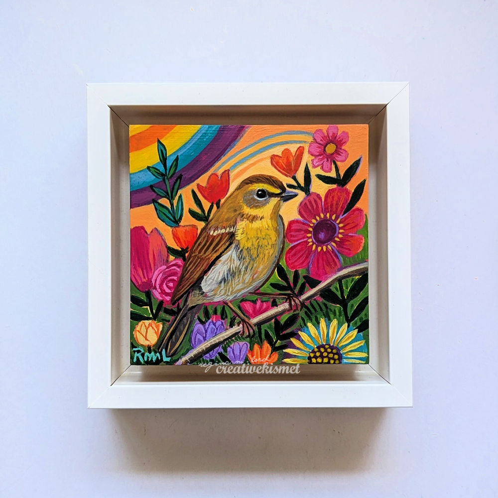 Flower Garden Bird - Yellow Warbler - 4 x 4 Framed Original Art