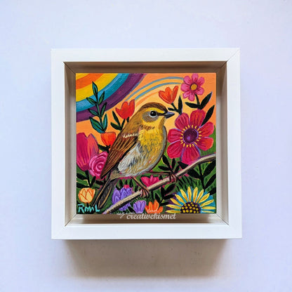 Flower Garden Bird - Yellow Warbler - 4 x 4 Framed Original Art