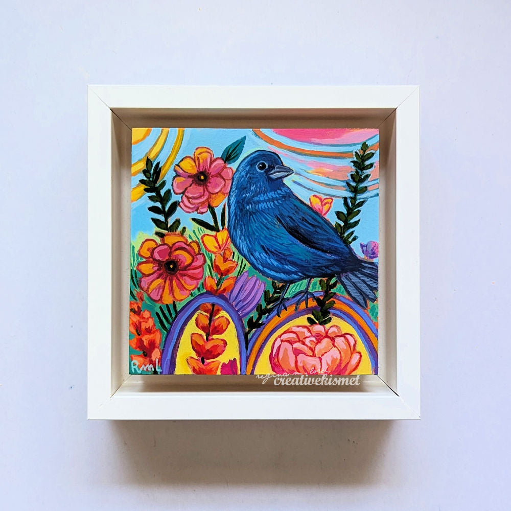 Flower Garden Bird - Indigo Bunting - 4 x 4 Framed Original Art