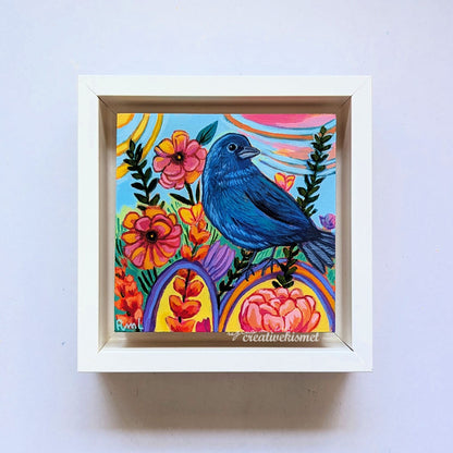 Flower Garden Bird - Indigo Bunting - 4 x 4 Framed Original Art