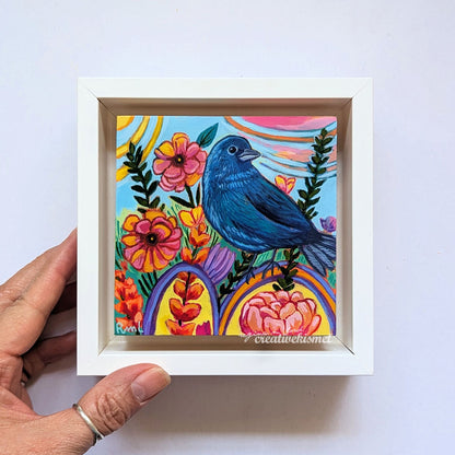 Flower Garden Bird - Indigo Bunting - 4 x 4 Framed Original Art