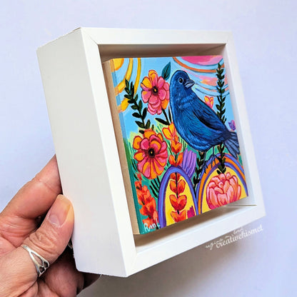 Flower Garden Bird - Indigo Bunting - 4 x 4 Framed Original Art