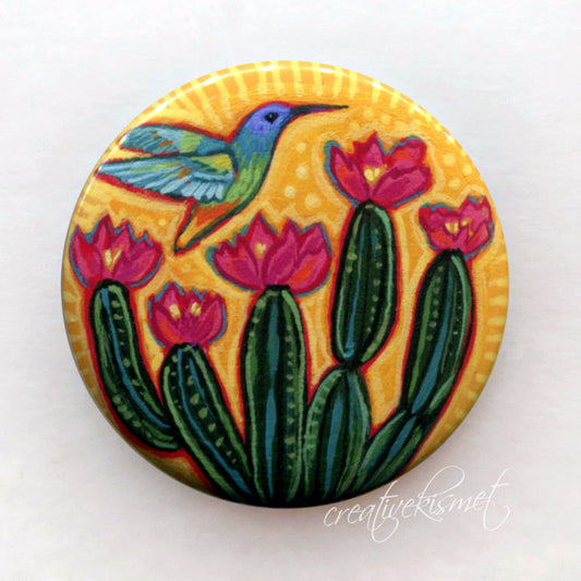 Hummingbird with Cactus Blooms - Pocket Mirror