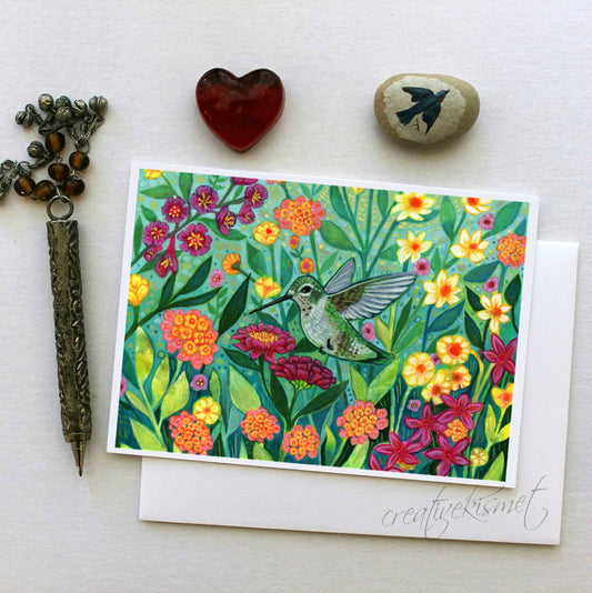 Green Garden with Hummingbird - 5x7 Art Card with Envelope